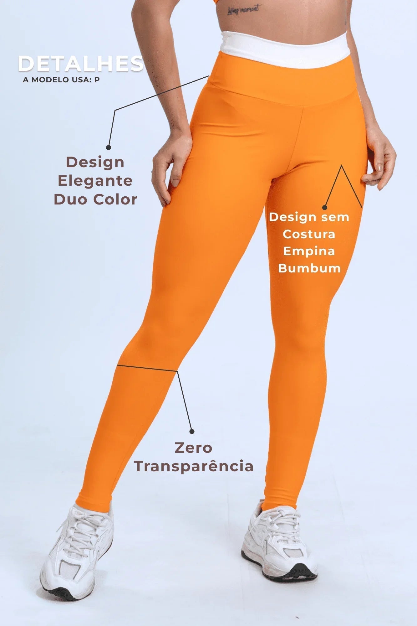 Calça legging fitness Duo Tangerina com Off White S/ Empina bumbum
