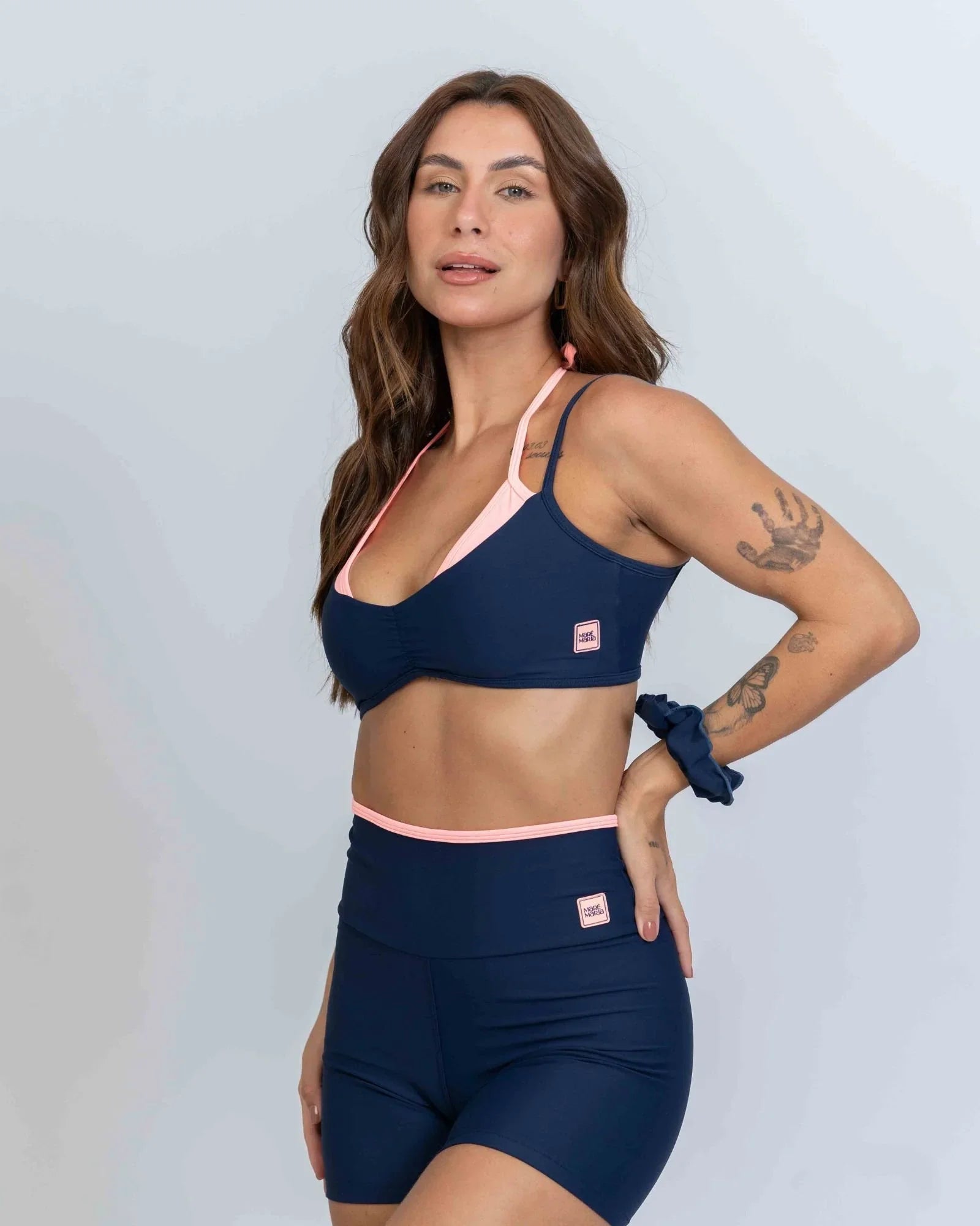 Top Fitness Fresh duo Sobreposição Azul Marinho com Coral