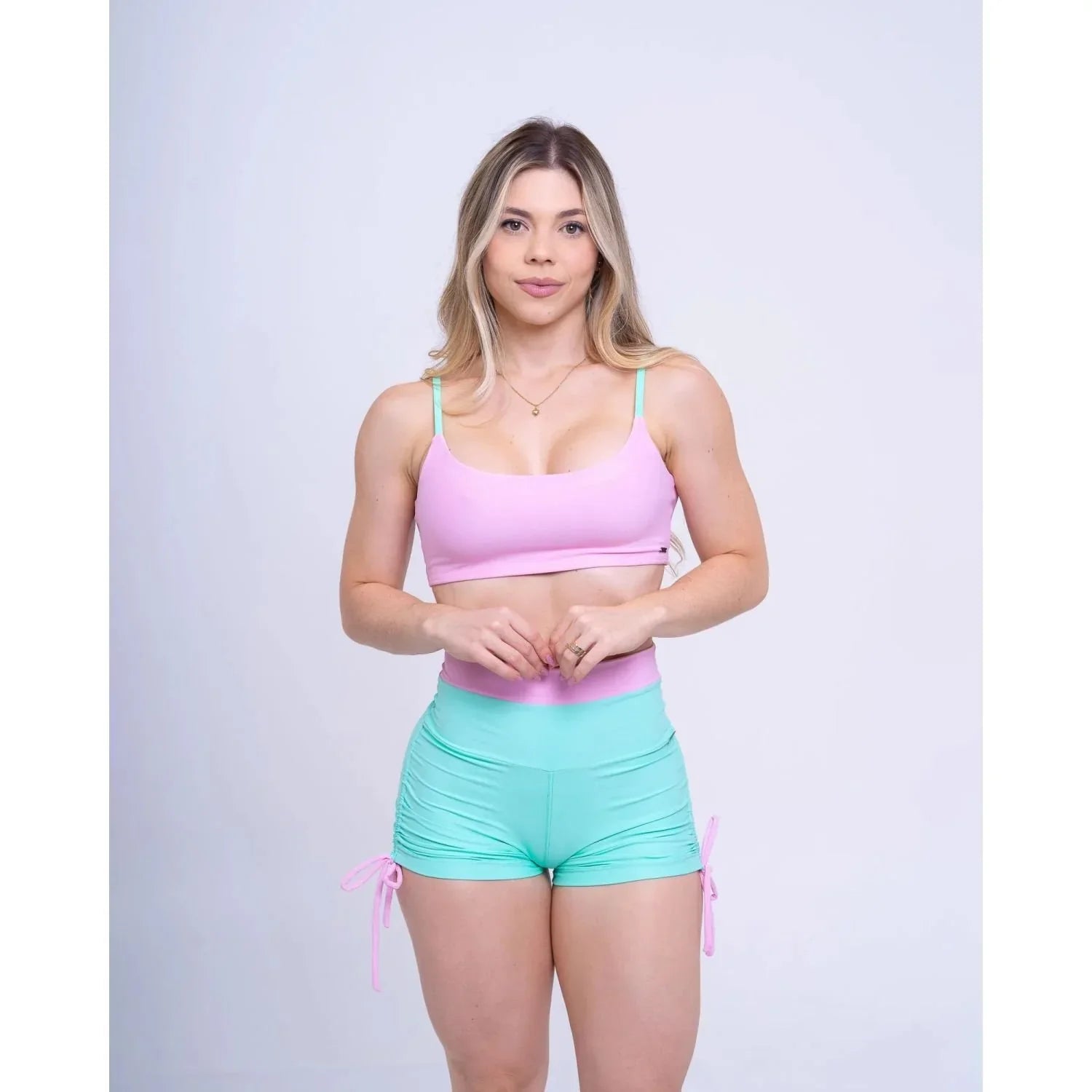 Top fitness Ternura Rosa Quartzo com alça Verde menta