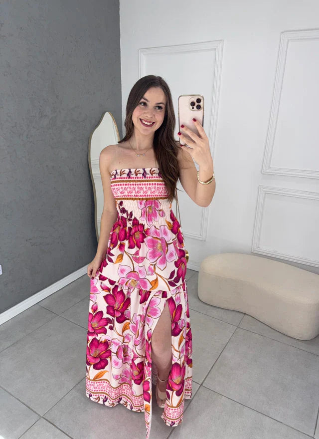 Vestido longo fenda tropical