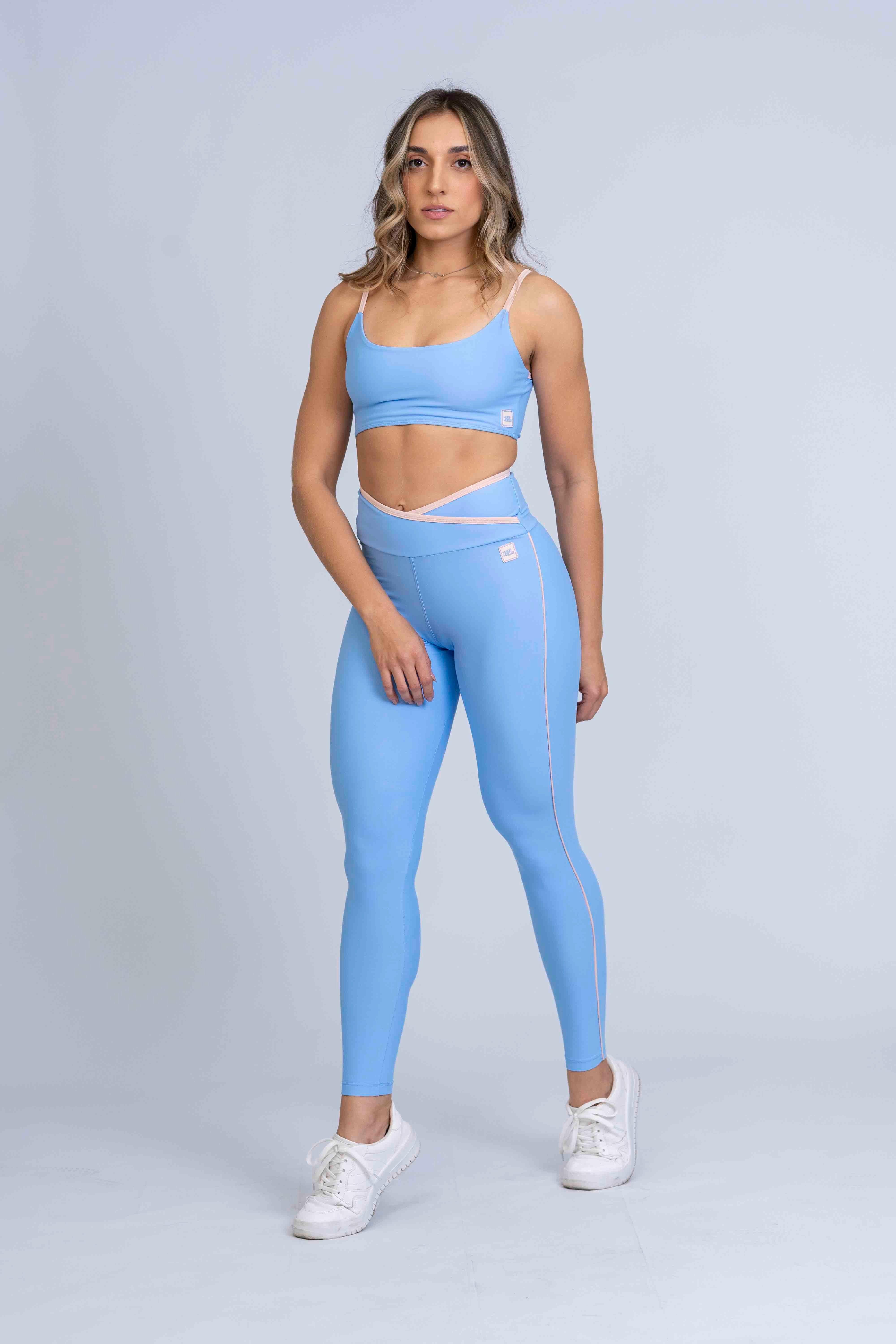 Calça Legging Fitness Julia Azul Serenity com viés Rosa Lily