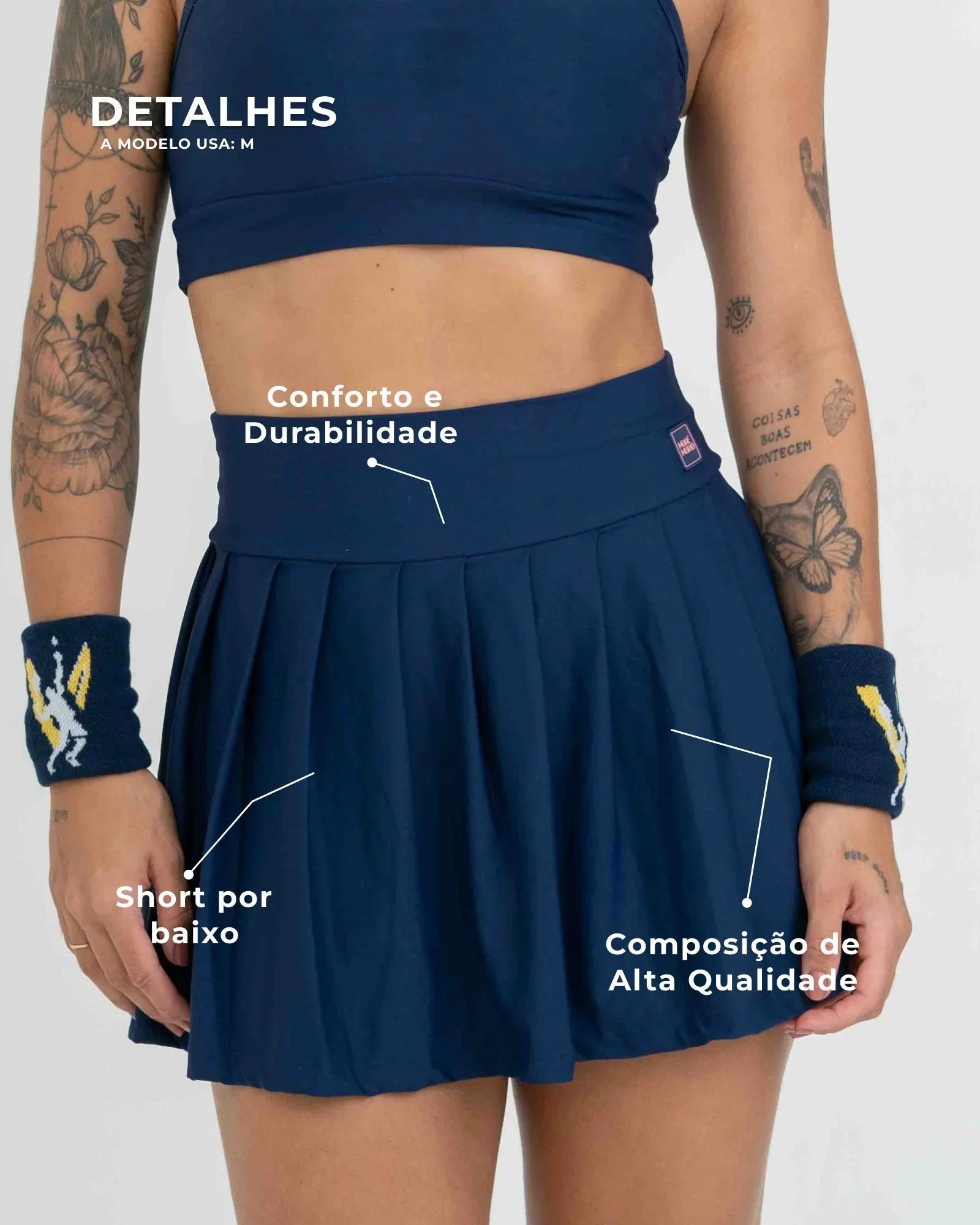 Short Saia Fitness Plissada Azul Marinho