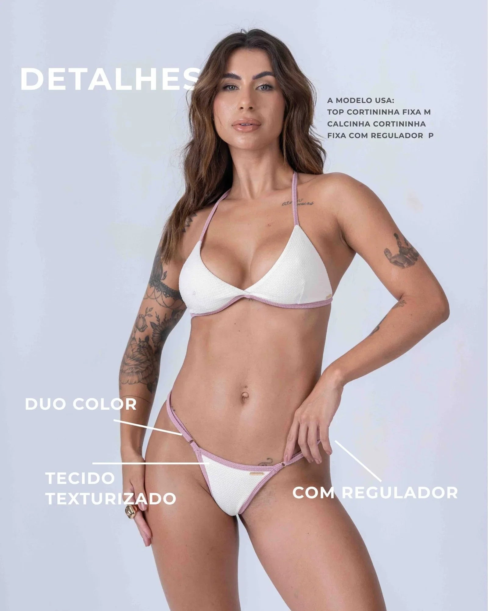 Calcinha Cortininha Fixa com Regulador Off White com viés Rosa Glam