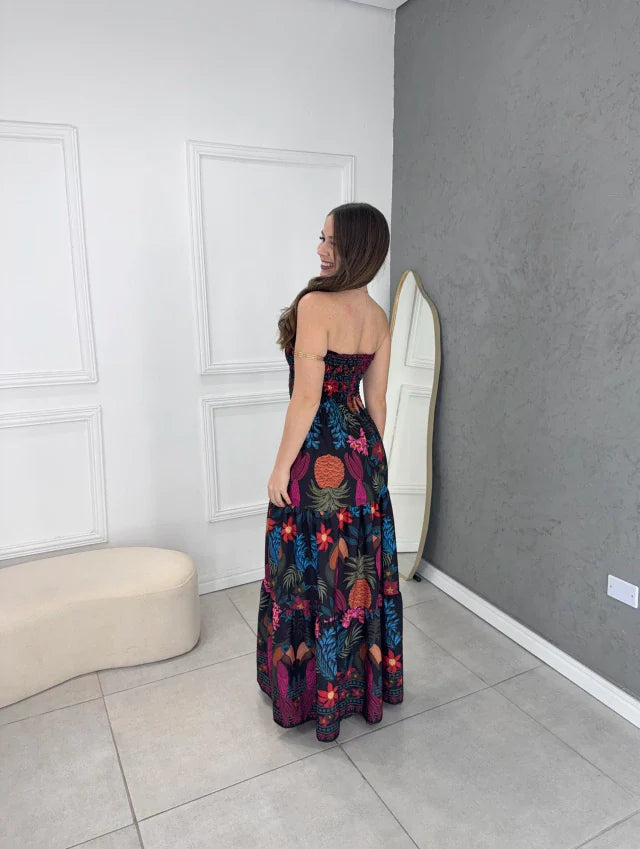 Vestido longo fenda tropical