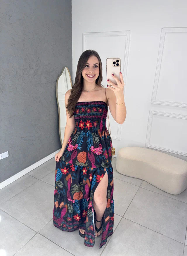 Vestido longo fenda tropical
